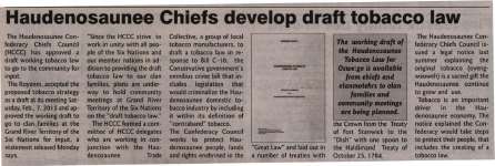 "Haudenosaunee Chiefs develop draft tobacco law"