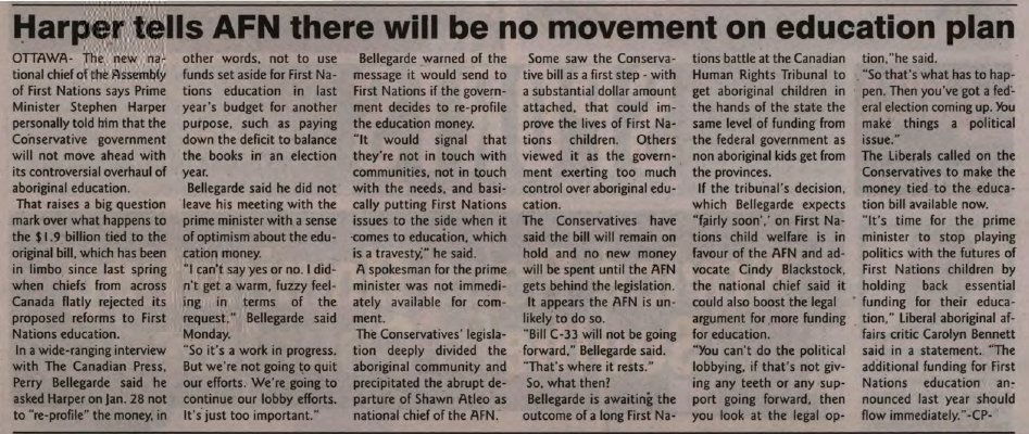 &quot;Harper tells AFN there will be no movement on education plan&quot;