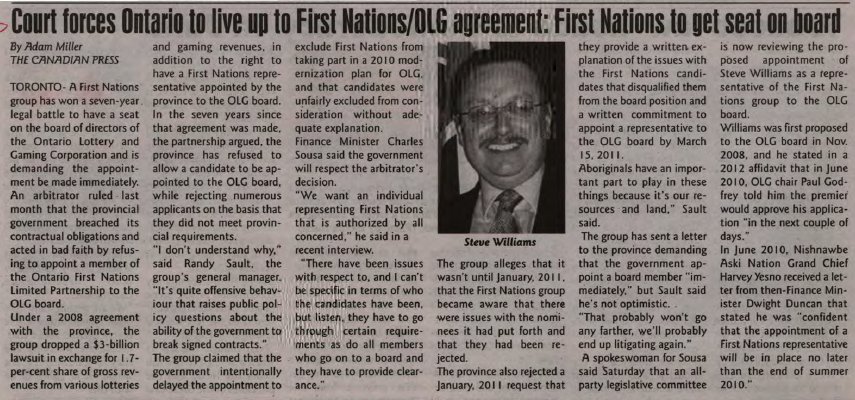 &quot;Court forces Ontario to live up to First Nations/OLG agreement: First Nations to get seat on board&quot;