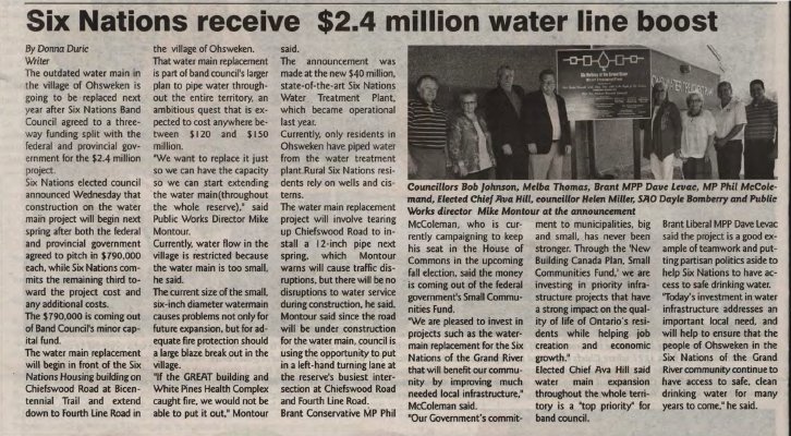 &quot;Six Nations receive $2.4 Million water line boost&quot;