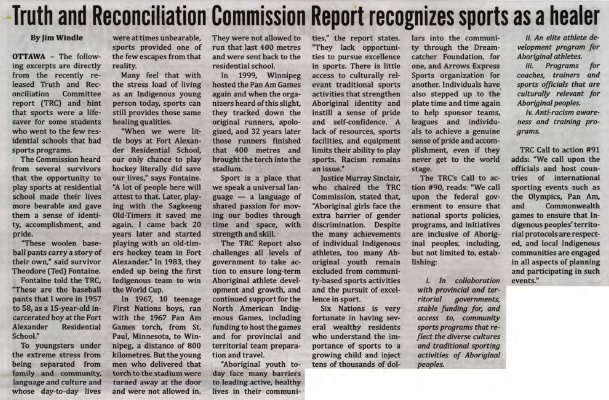 &quot;Truth and Reconciliation Commission Report recognizes sports as a healer&quot;