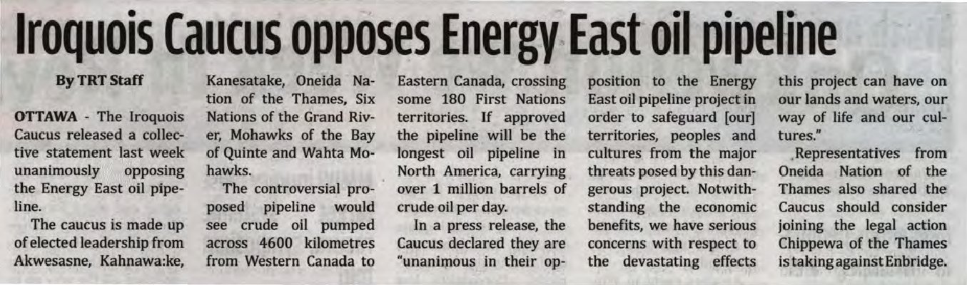 &quot;Iroquois Caucus opposes Energy East oil pipeline&quot;