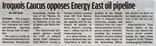"Iroquois Caucus opposes Energy East oil pipeline"