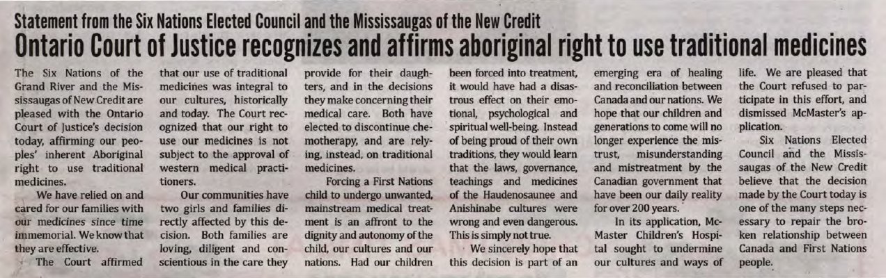 &quot;Ontario Court of Justice recognizes and affirms aboriginal right to use traditional medicines&quot;