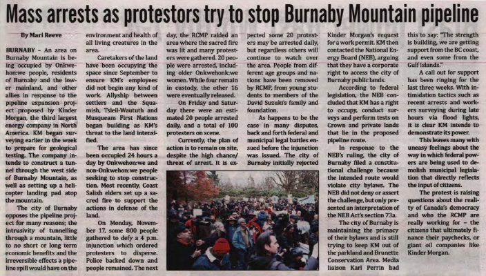 &quot;Mass arrests as protestors try to stop Burnaby Mountain pipeline&quot;