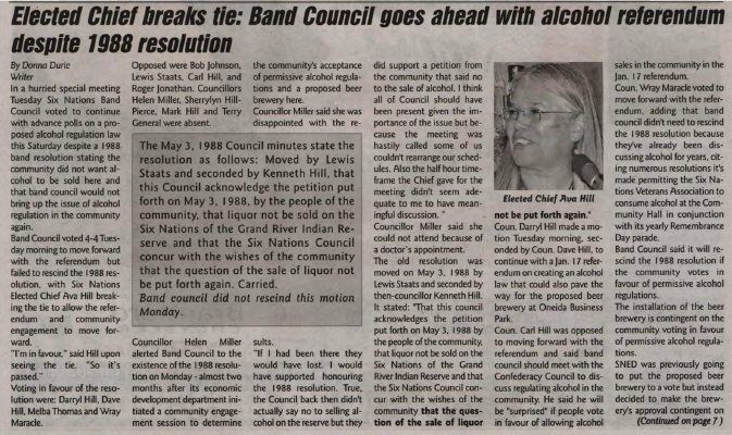 &quot;Elected Chief breaks tie: Band Council goes ahead with alcohol referendum despite 1988 resolution&quot;