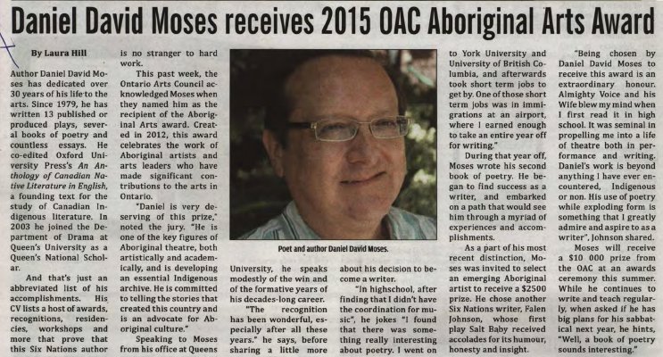 &quot;Daniel David Moses receives 2015 OAC Aboriginal Arts Award&quot;