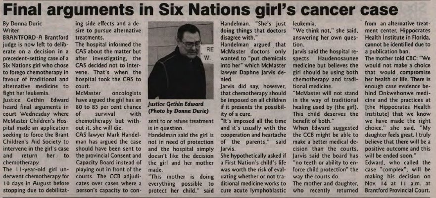 &quot;Final arguments in Six Nations girl's cancer case&quot;