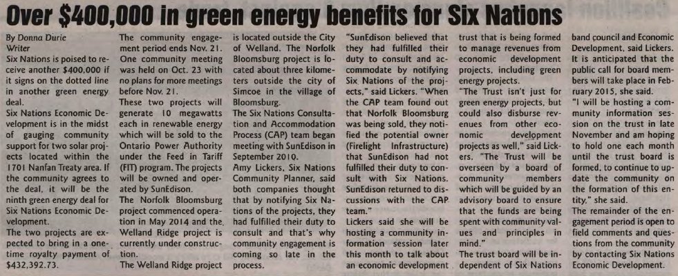 &quot;Over $400,000 in green energy benefits for Six Nations&quot;