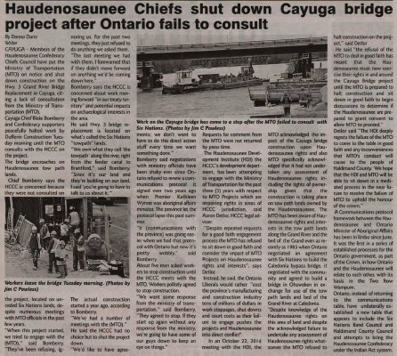 &quot;Haudenosaunee Chiefs shut down Cayuga bridge project after Ontario fails to consult&quot;