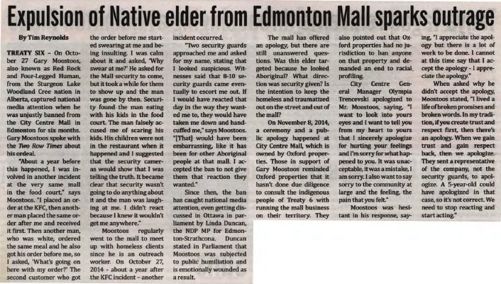 &quot;Expulsion of Native elder from Edmonton Mall sparks outrage&quot;