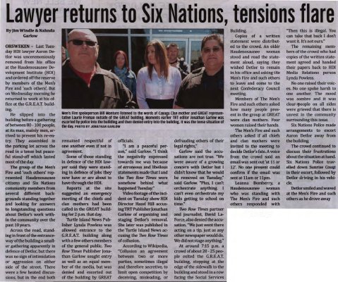 &quot;Lawyer returns to Six Nations, tensions flare&quot;