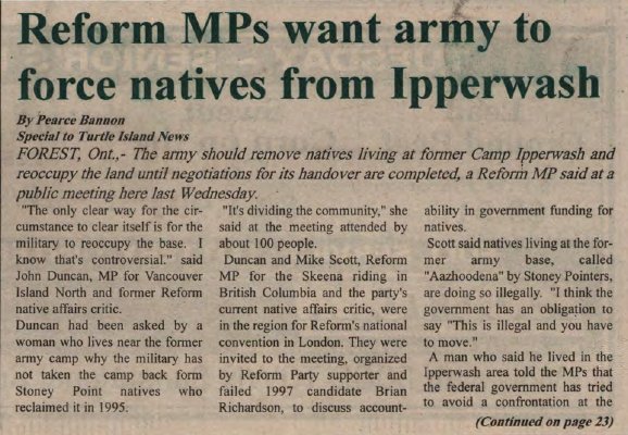 &quot;Reform MPs want army to force natives from Ipperwash&quot;