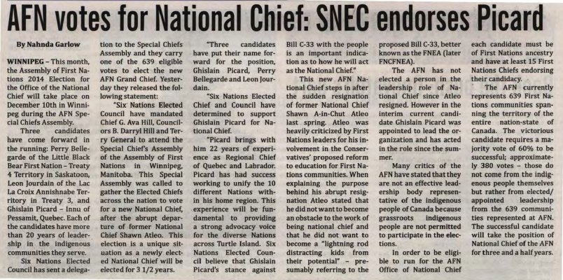 &quot;AFN votes for National Chief: SNEC endorses Picard&quot;