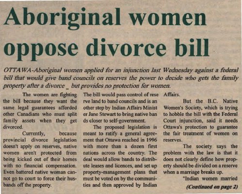 &quot;Aboriginal women oppose divorce bill&quot;