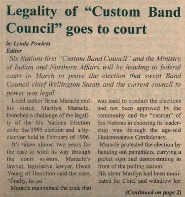 &quot;Legality of 'Custom Band Council' goes to court&quot;