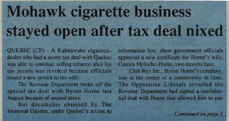 &quot;Mohawk cigarette business stayed open after tax deal nixed&quot;