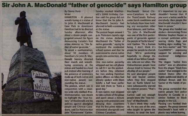 &quot;Sir John A. MacDonald 'father of genocide' says Hamilton group&quot;