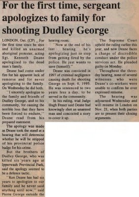 &quot;For the first time, sergeant apologizes to family for shooting Dudley George&quot;