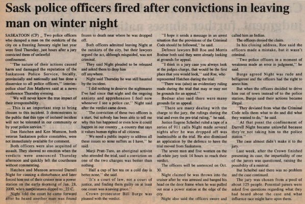 &quot;Sask police officers fired after convictions In leaving man on winter night&quot;