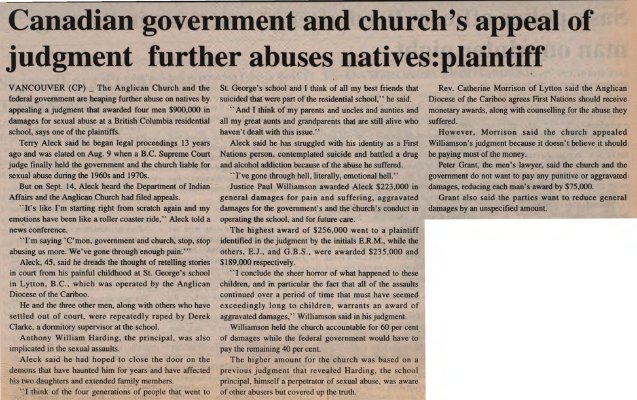 &quot;Canadian government and church's appeal of judgment further abuses natives: plaintiff&quot;