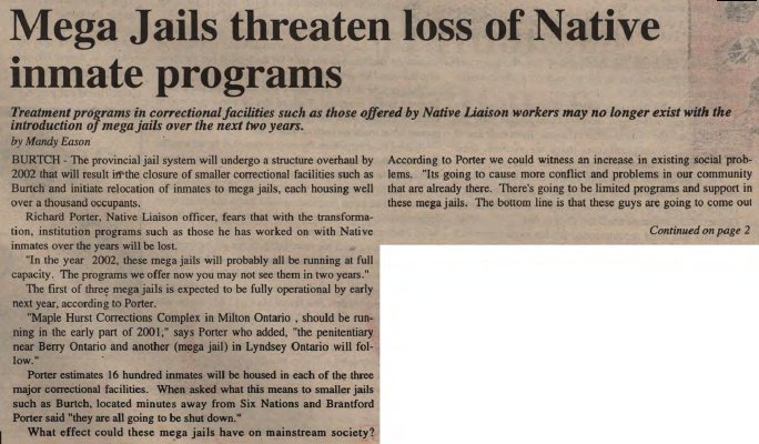 &quot;Mega Jails threaten loss of Native inmate programs&quot;