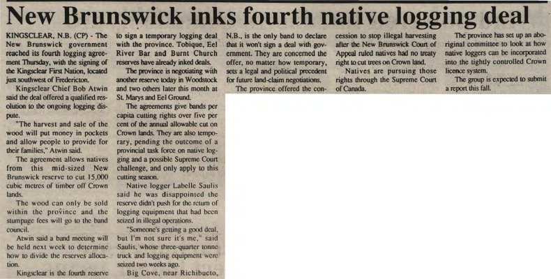 &quot;New Brunswick inks fourth native logging deal&quot;