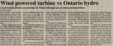 "Wind powered turbine vs Ontario hydro"