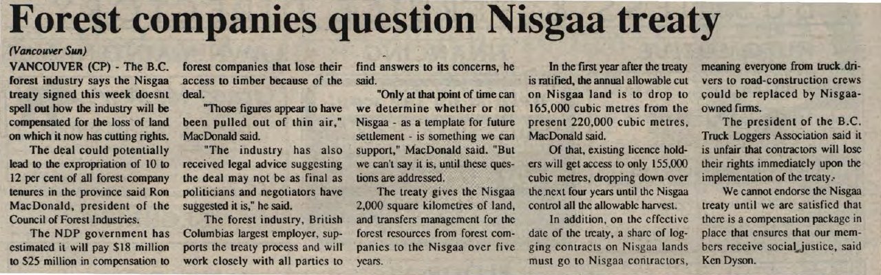 &quot;Forest companies question Nisgaa treaty&quot;