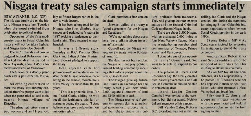 &quot;Nisgaa treaty sales campaign starts immediately&quot;