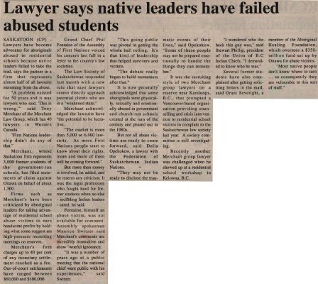 &quot;Lawyer says native leaders have failed abused students&quot;