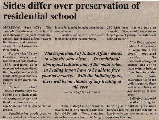 &quot;Sides differ over preservation of residential school&quot;