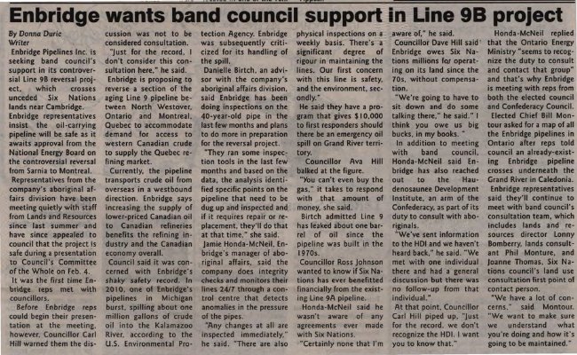 &quot;Enbridge wants band council support in Line 9B project&quot;