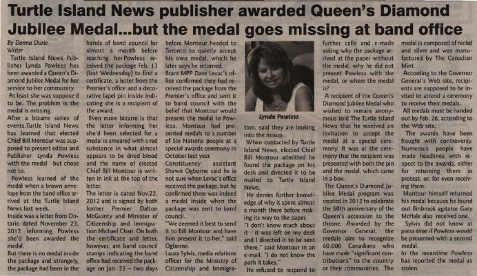 &quot;Turtle Island News publisher awarded Queen's Diamond Jubilee Medal...but the medal goes missing at band office&quot;