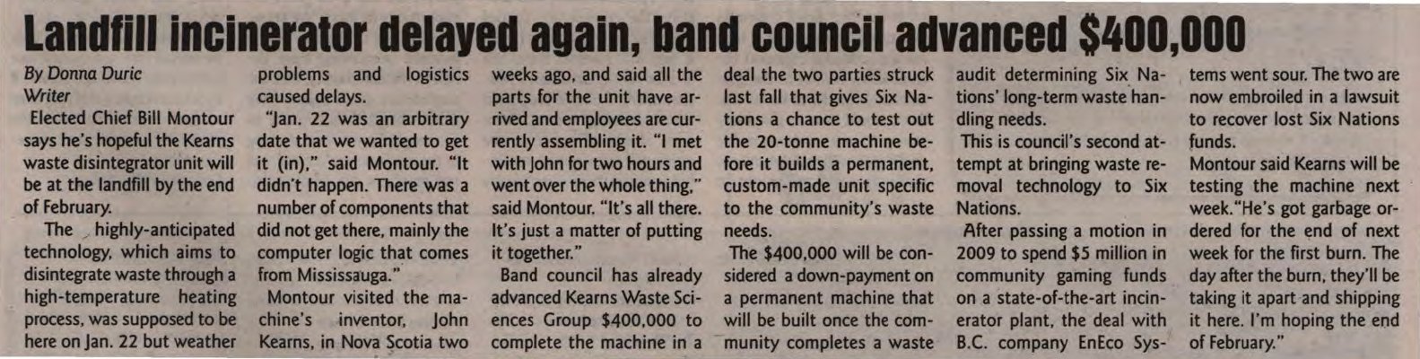 &quot;Landfill incinerator delayed again, band council advanced $400,000&quot;