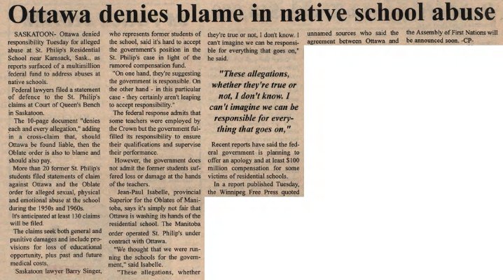 &quot;Ottawa denies blame in native school abuse&quot;