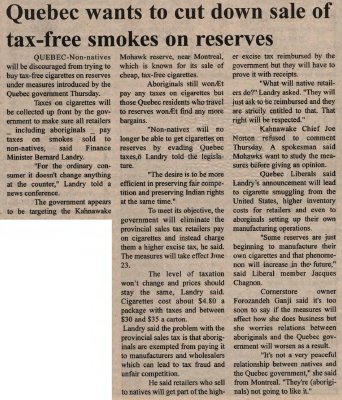 &quot;Quebec wants to cut down sale of tax-free smokes on reserves&quot;