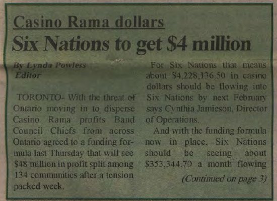 &quot;Casino Rama - Six Nations to get $4 million&quot;