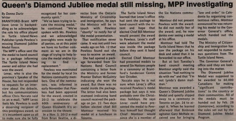 "Queen's Diamond Jubilee medal still missing, MPP investigating"