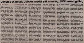 "Queen's Diamond Jubilee medal still missing, MPP investigating"