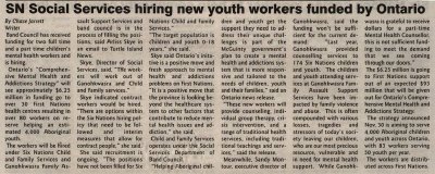 &quot;SN Social Services hiring new youth workers funded by Ontario&quot;