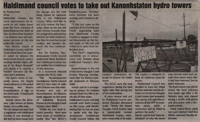 &quot;Haldimand council votes to take out Kanonhstaton hydro towers&quot;