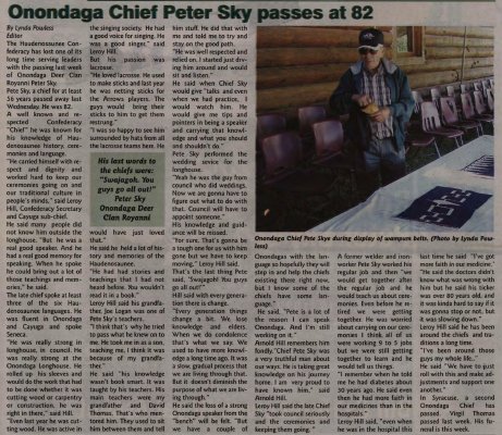 &quot;Onondaga Chief Peter Sky passes at 82&quot;