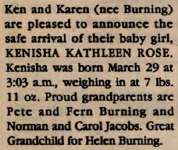 Jacobs, Kenisha Kathleen Rose to Jacobs, Ken and Jacobs, Karen (née Karen Burning) (Born)