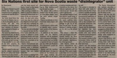 &quot;Six Nations first site for Nova Scotia waste 'disintegrator' unit&quot;