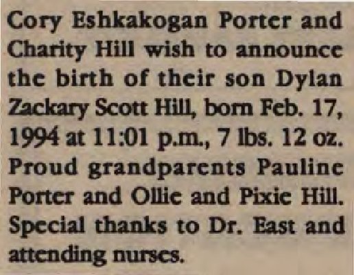 Hill, Dylan Zackary Scott to Porter, Cory Eshkakogan and Hill, Charity (Born)