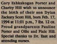 Hill, Dylan Zackary Scott to Porter, Cory Eshkakogan and Hill, Charity (Born)