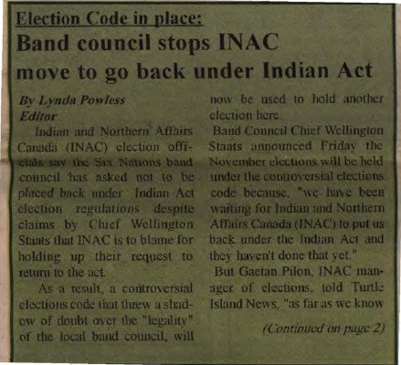 &quot;Election Code in place: Band council stops INAC move to go back under Indian Act&quot;