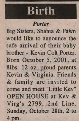 Porter, Kevin Colt to Porter, Kevin and Porter, Virginia (Born)