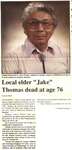 "Local elder "Jake" Thomas dead at age 76"